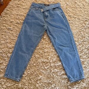 Piral Women's Blue High Waisted Cross Belt Straight Denim Jeans Size L